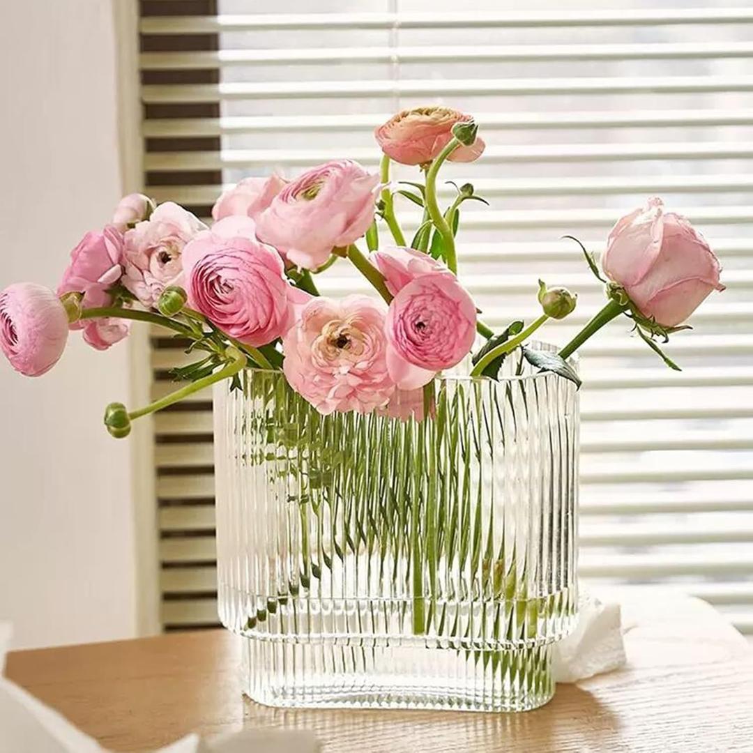 TOPZEA Ribbed Glass Vases, 8" Large Clear Modern Fluted Vases Wide Mouth Decorative Elegant Rectangle Vase for Bouquet, Centerpiece, Wedding, Coffee Table, Shelf, Entryway, Home Decor