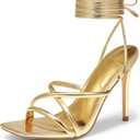 DREAM PAIRS Heels for Women Strappy High Stiletto Lace Up Heeled Sandals Square Open Toe Heels for Prom Party Dating (9.5, Gold-pu)