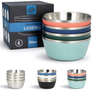 Stainless Steel Insulated Bowls for Kids and Adults - Set of 4-20 Oz Double Wall Metal Bowls for Ice Cream, Soup, Cereal, Snack, Rice Dish, Camping (Assorted 2 (Navy, Green, Teal Blue, Coral))