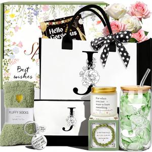 Awfrky Birthday Gifts for Women, Personalized Mothers Day Gift for Women, Monogrammed Initial Gift for Her Teacher Wife Mom Friend Daughter Sister Girlfriend, Initial Tote Bag & Makeup bag (J)