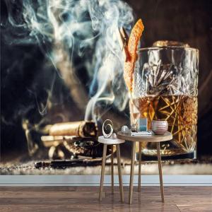 Modern Canvas Print Wallpaper Mural Whisky no ice a Cup Burning Cigar an Old Wooden Barrel Peel and Stick Removable Self Adhesive Wall Stickers for Living Room Kids Bedroom Home Decor (66x96inch, Multi8)