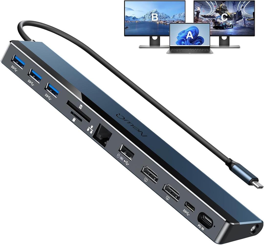 USB C Docking Station Dual Monitor, with Dual HDMI 4K@30~60Hz, USB-A, USB-C, PD-in 100W, SD/TF Slot, Gigabit Ethernet, 3.5mm Audio, Dock for MacBook, Windows, Chromebook
