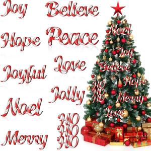 10Pcs Christmas Tree Decorations Red White Letters Hanging Ornament with Wood Candy Decoration Design Sign Joy Word Love Merry Christmas Craft Wooden Ornaments for Xmas Winter Holiday Party Home Decor