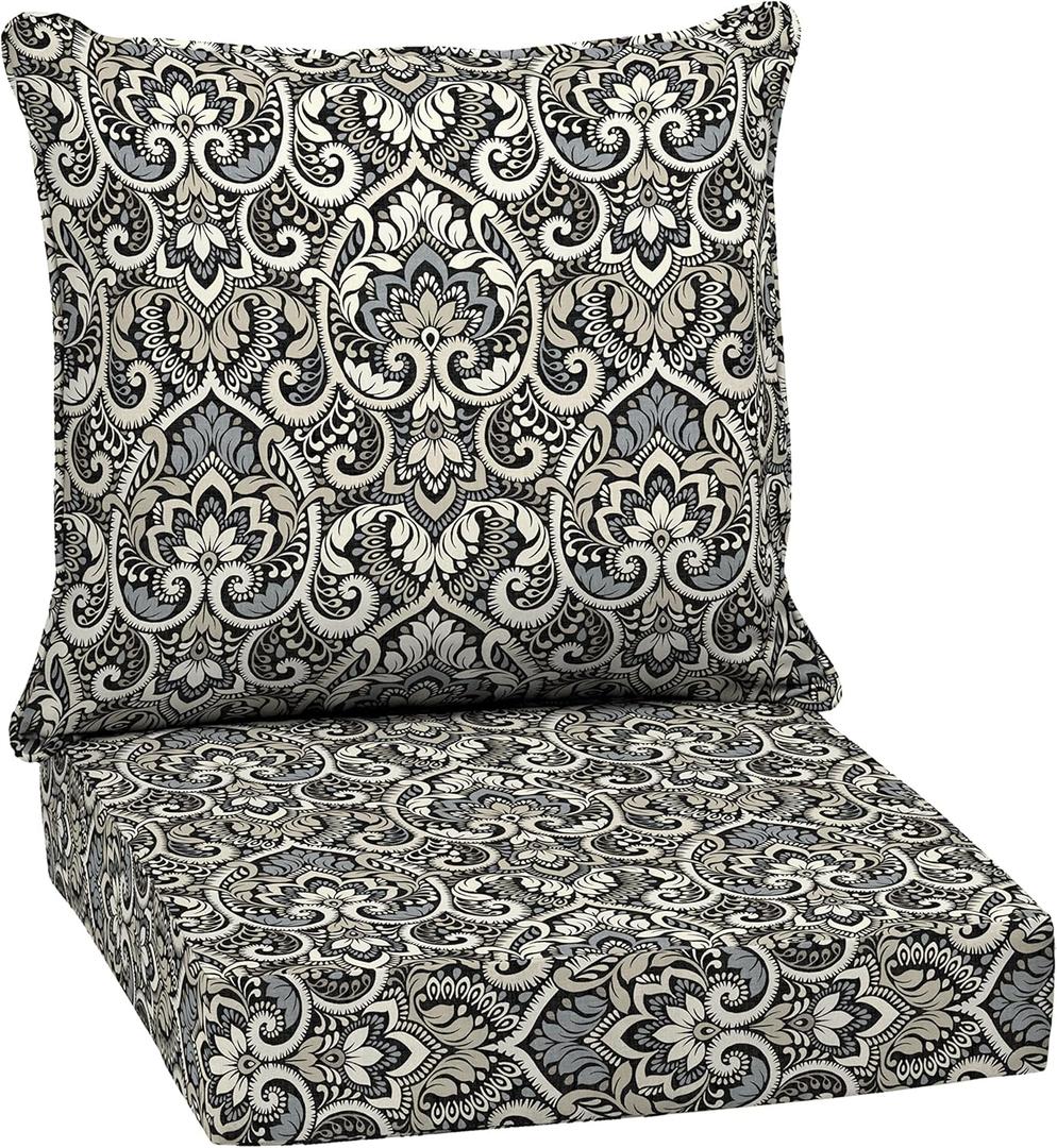 Arden Outdoor Deep Seat Cushion Set, 24 in x 24 in, Weather-Proof, Rain-Proof, Fade Resistant Patio Cushion for Chair, Sofa, and Couch Black Aurora Damask