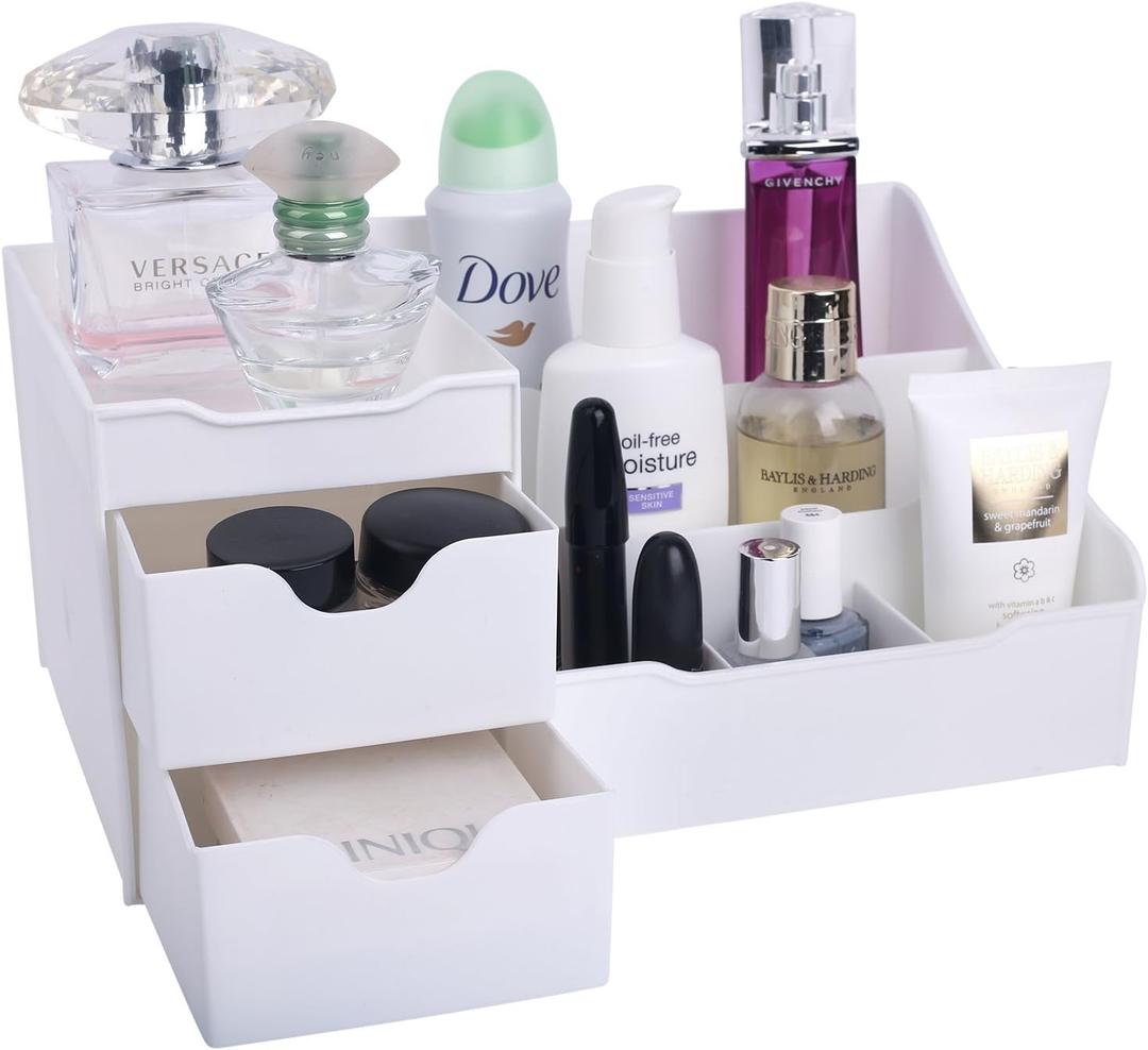 Mantello Cosmetic Storage Organizer - Sitting on Your Vanity, Bathroom Counter or Dresser - Easily Organize Your Cosmetics, Jewelry, Hair Accessories (White)