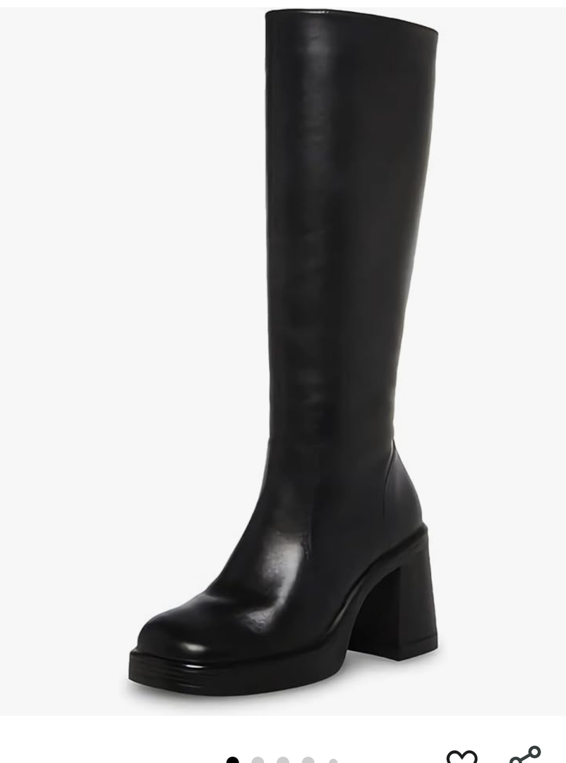 SOVANYOU Black Leather Boots Platform Boots for Women Square Toe Chunky Block Heeled Boots, 37