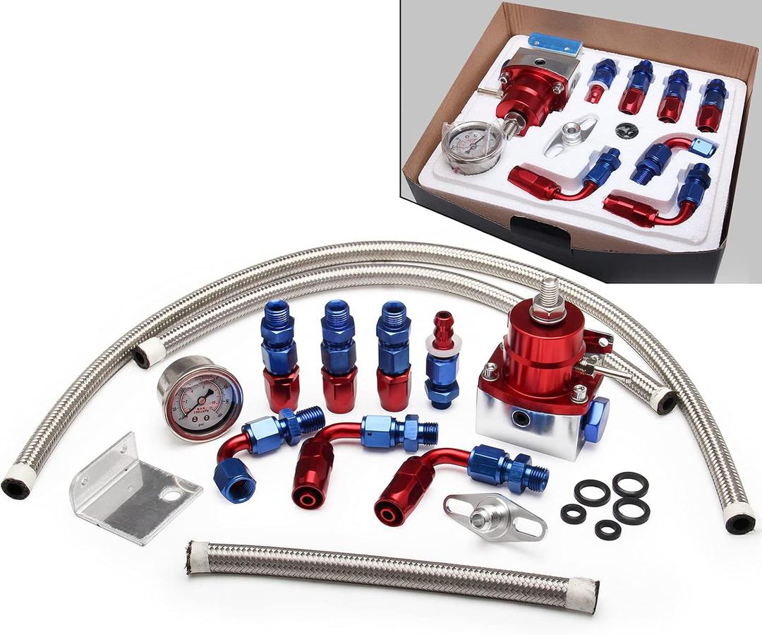 Aluminum Adjustable Universal EFI Fuel Pressure Regulator Kit with 0-100psi Pressure Gauge AN6-6AN Fuel Line Hose Fitting Connectors Kit Blue&Red HTRACING