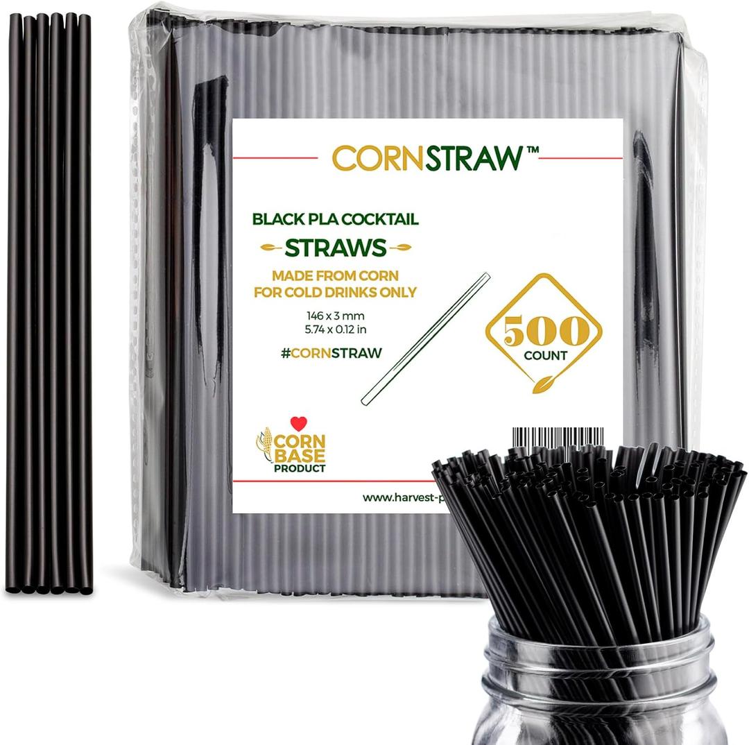 [500 COUNT] CORNSTRAW 5" Short Cocktail Straws, Black PLA Cornstarch Plastic-Free Disposable Small Drink Stirrer, Swizzle Sticks, Mixer, for Cold Drinks, whiskey, Bar, Club, Party