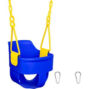 Premium High Back Full Bucket Toddler Swing Seat with Finger Grip, Plastic Coated Chains for Safety and Carabiners for Easy Install - Blue - Squirrel Products
