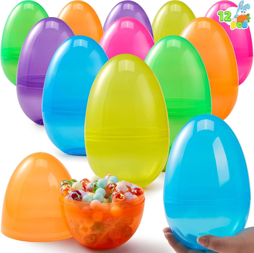 JOYIN 12 Pcs 7" Jumbo Plastic Easter Eggs, Clear 6 Assorted Colors Empty Eggs for Filling Treats Easter Party Favor Hunt Basket Stuffers Fillers Classroom Prize Supplies Toy