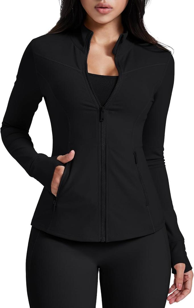 AVGO Womens Running Jackets Lightweight Slim Fit Workout Jacket Zip Up Athletic Track Gym Tops with Pockets & Thumb holes (X-Small, Black)