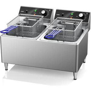 Deep fryer Commercial Deep Fryer 12L x 2/25.4QT Dual Tank Electric Deep Fryers with Basket Electric Countertop Fryer for Restaurant with 2 Frying Baskets, 3300W x 2, 240V Two 6-15 Phase Plugs