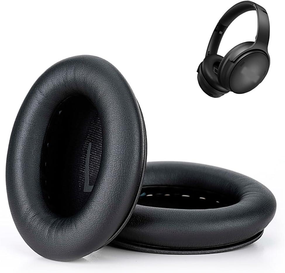 Replacement Ear Pads Cushions for Bose QuietComfort (QC) 45 35 35ii Noise Canceling Headphones, Ear-Muff Ear-Cup with Soft Leather and Comfort Memory Foam, Added Thickness (Black)