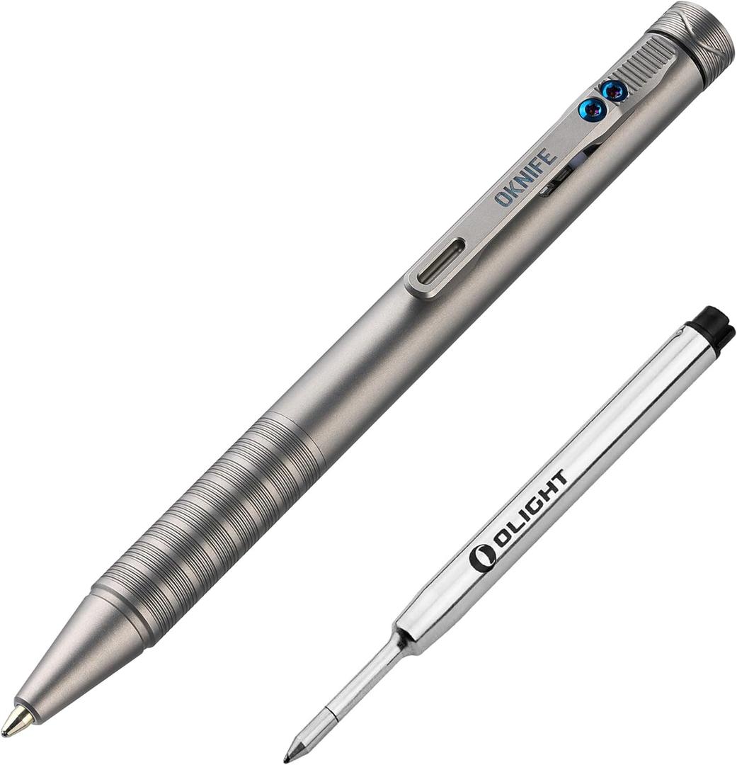 OKNIFE B1 Ti Titanium Pen with 2-in-1 Clip, Bolt Action Pen with Clip, Lightweight EDC Ballpoint Pen with 2 pcs Refills Ideal for Office, Working, Writing (Titanium)