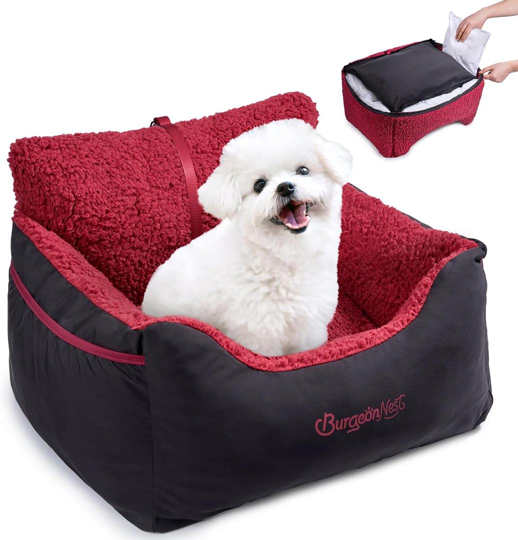 BurgeonNest Dog Car Seat for Small Dogs, Detachable and Washable Cat Car seats Under 25 lbs, Soft Pet Booster Seats with Storage Pockets and Clip-On Leash Portable Car Travel Carrier Bed, Black red