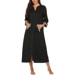 Ekouaer Women Zipper Robe 3/4 Sleeves Loungewear Dress Full Length Sleepwear Pockets Housecoat Nightgown Long Bathrobe Large