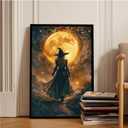XWNLTEPK Halloween Night Witch and Full Moon Art Print Canvas Poster Suitable for Wall Decoration Home Seasonal Decor Spooky Atmosphere Theme Living Room Bedroom Party Wall Art Gothic Design Element (8x12in Black Framed, A01)