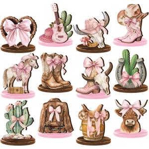 Wesiti 12 Pcs Cowgirl Party Decorations for Table Western Cowgirl Table Decorations Coquette Wooden Bownot Boot Hats Centerpiece Tabletop Decor for Tiered Tray Decor Bachelorette Favor