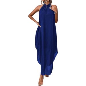 Verdusa Women's Fall Formal Wedding Guest Dress Halter Flowy Sleeveless Asymmetrical Boho Maxi Dress (Large, Royal Blue)
