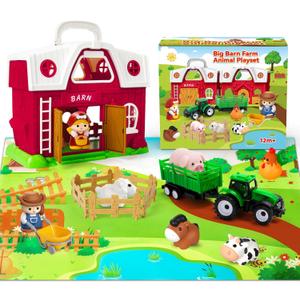 Farm Animal Toys for 1 2 3 Year Old Toddlers, Big Red Barn with Farm Mat & Animals & Tractor Toy for Boys Girls, Montessori Learning Interactive Barn Set for Kids 1-3, Ideal Christmas Birthday Gifts
