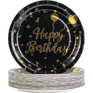 4 x 50Pcs Happy Birthday Black and Gold Paper Plates,7inch Disposable Metallic Foil Polka Dots Disposable Dessert Party Supplies Plates for Graduation Birthday Decorations Party
