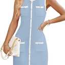 ZESICA Women's 2025 Summer Sleeveless Mini Dress Crewneck Button Knit Color Block Bodycon Party Short Dresses with Pockets. Size M