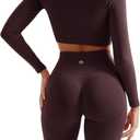 SUUKSESS Women 2 Piece Workout Sets Hidden Scrunch Hip Lifting Seamless Leggings Long Sleeve Yoga Crop Tops (Size Large, Espresso)