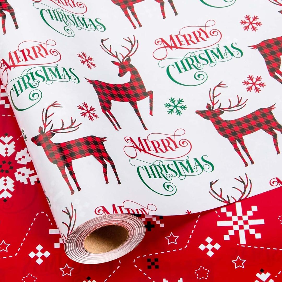 MAYPLUSS Christmas Wrapping Paper Roll - 17IN X 33FT - Gift Wrapping Paper Featuring Merry Christmas Reindeer Reversible Snowflake for Kids, Holiday, New Year