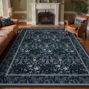Washable 5x7 Area Rugs for Living Room, Boho Floral Vintage Rug Dark Blue