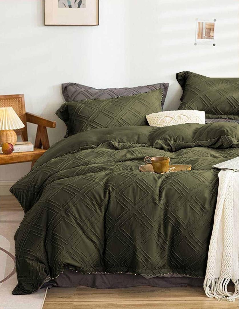 Nanko Queen Size Comforter Set Olive Green Tufted Jacquard Boho Geometry Soft Shabby Chic Down Alternative Microfiber Bedding - All Season Duvet Modern Farmhouse Bed Set Women Men 90x90 3pc Dark Green