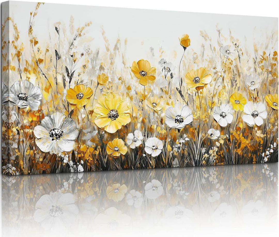 SERIMINO Wildflowers Large Wall Art, Modern Industrial Gold and Silver Floral Art Prints, Rustic Flower Field Canvas Paintings, Vintage Pictures for Living Room Bedroom Kitchen Decoration 24"X48"