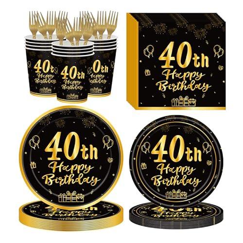 120Pcs 40th Birthday Party Supplies Plates Napkins Cups Forks Tableware Set Gold Black Happy 40th Birthday Themed Disposable Tableware Decoration Serves 24 Guests for Women and Men