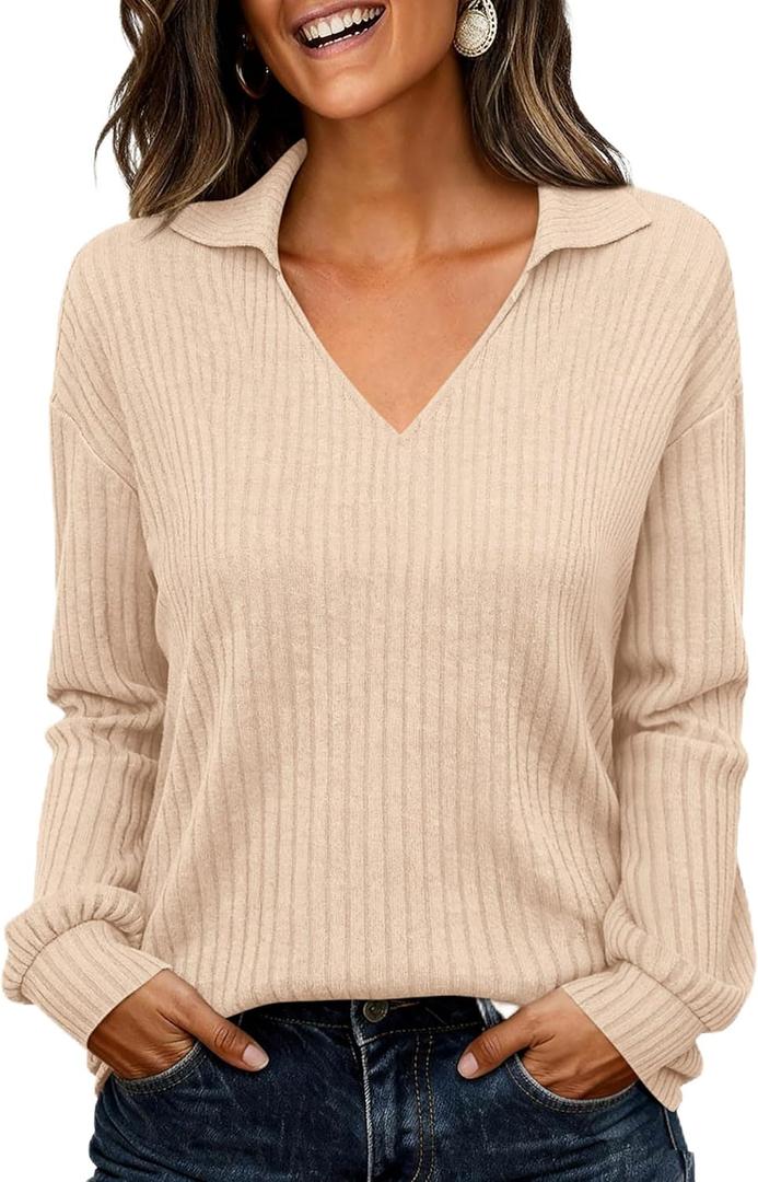 KIRUNDO Long Sleeve Shirts for Women 2025 Fall Fashion Outfits Going Out Tops Collar V Neck Blouses Ribbed Knit Loose Tunic (Small, Apricot)