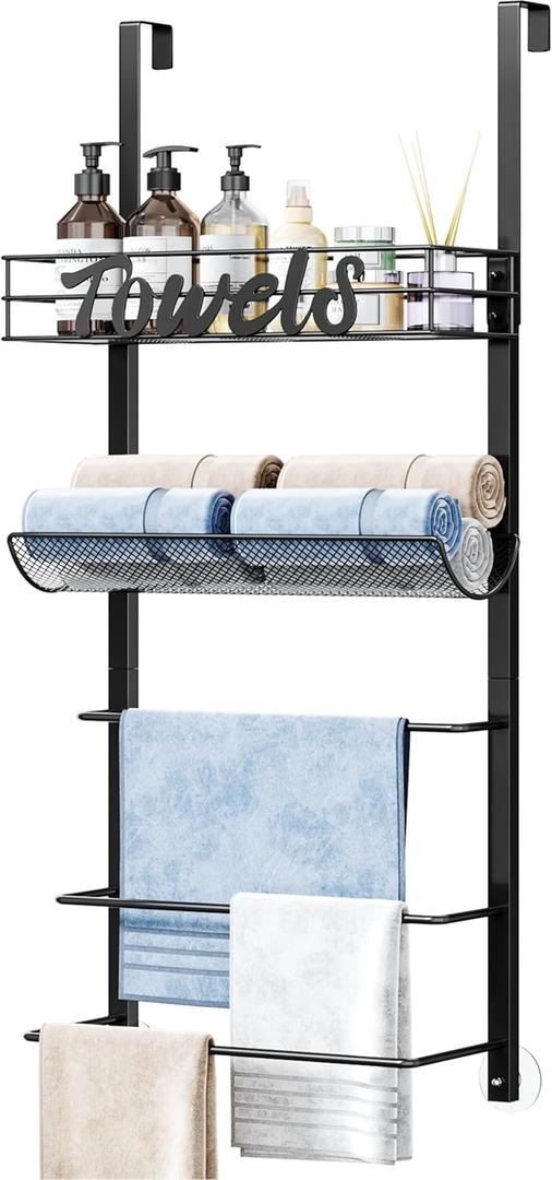 SWTYMIKI Over Door Towel Rack - 5-Tier Wall Mounted Towel Holder Storage Organizer with Metal Shelf for Bathroom, Black