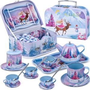 Tea Party Sets for Toddlers 3-5,PRE-WORLD Princess Tea Time Toy with Tray, Teapot, Tea Cups, Cream Pitcher, Sugar Bowl, Coasters, PlatesKids Kitchen Pretend Play for Girls Boys Age 3 4 5 6