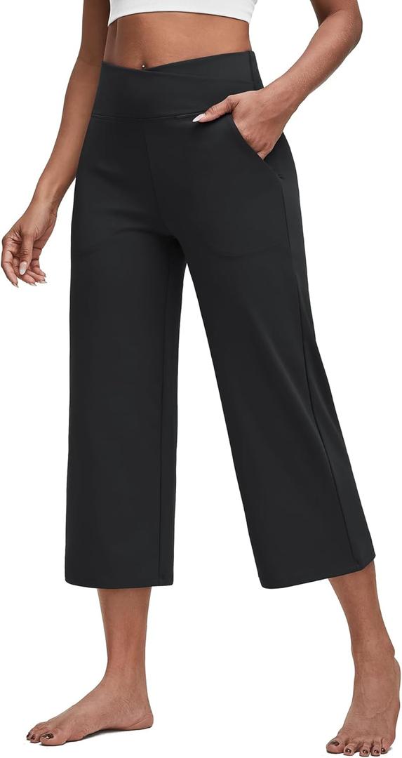 G4Free Capri Pants for Women Wide Leg Yoga Dress Capris with Pockets Cross Loose Casual Work Crop Pants (Black, M)