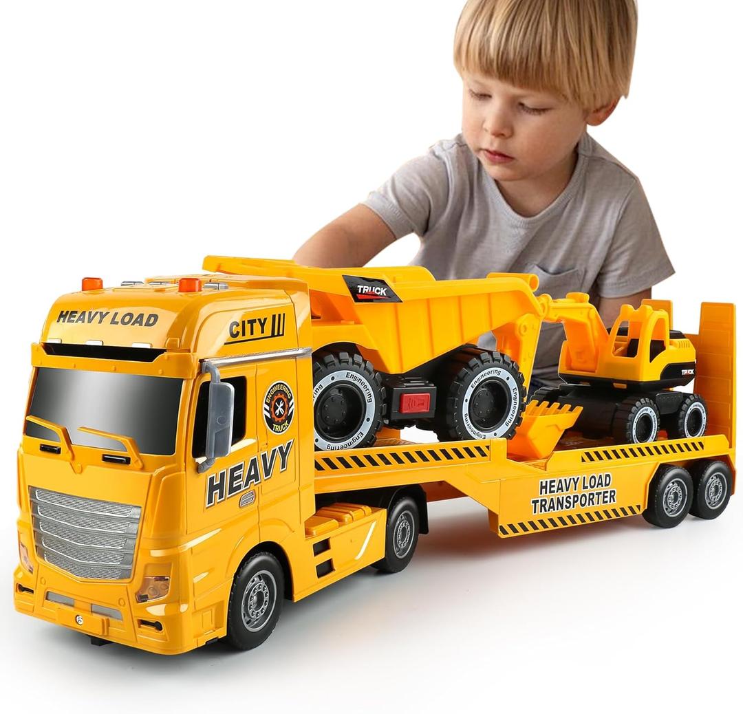 Dwi Dowellin Construction Carrier Truck Kids Toys,25.6" Semi-Trailer Toy with Excavator and Dump Truck,Gifts for Age 3 4 5 6+ Years Old Boys Girls