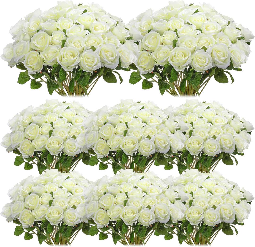Hotop 80 Pcs Rose Artificial Flowers Bulk with Long Stem, Silk Roses Realistic Fake Flowers Bouquet for Wedding Table Centerpieces Bridal Shower Party Home Decorations(White)