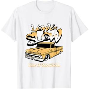 Chicano Oldies, Low and Slow Low Rider, Lowrider Truck T-Shirt (Small, White)