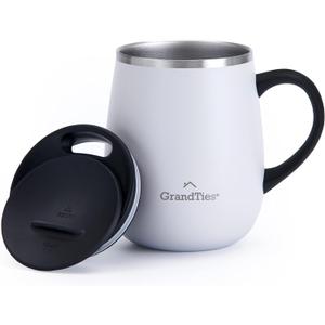 GRANDTIES Insulated Coffee Mug with Handle - Sliding Lid for Splash-Proof 16 oz Wine Glass Shape Thermos Tumbler with Double Walled Vacuum Stainless Steel to Keeps Beverages Hot or Cold - Pearl (16oz, Pearl)