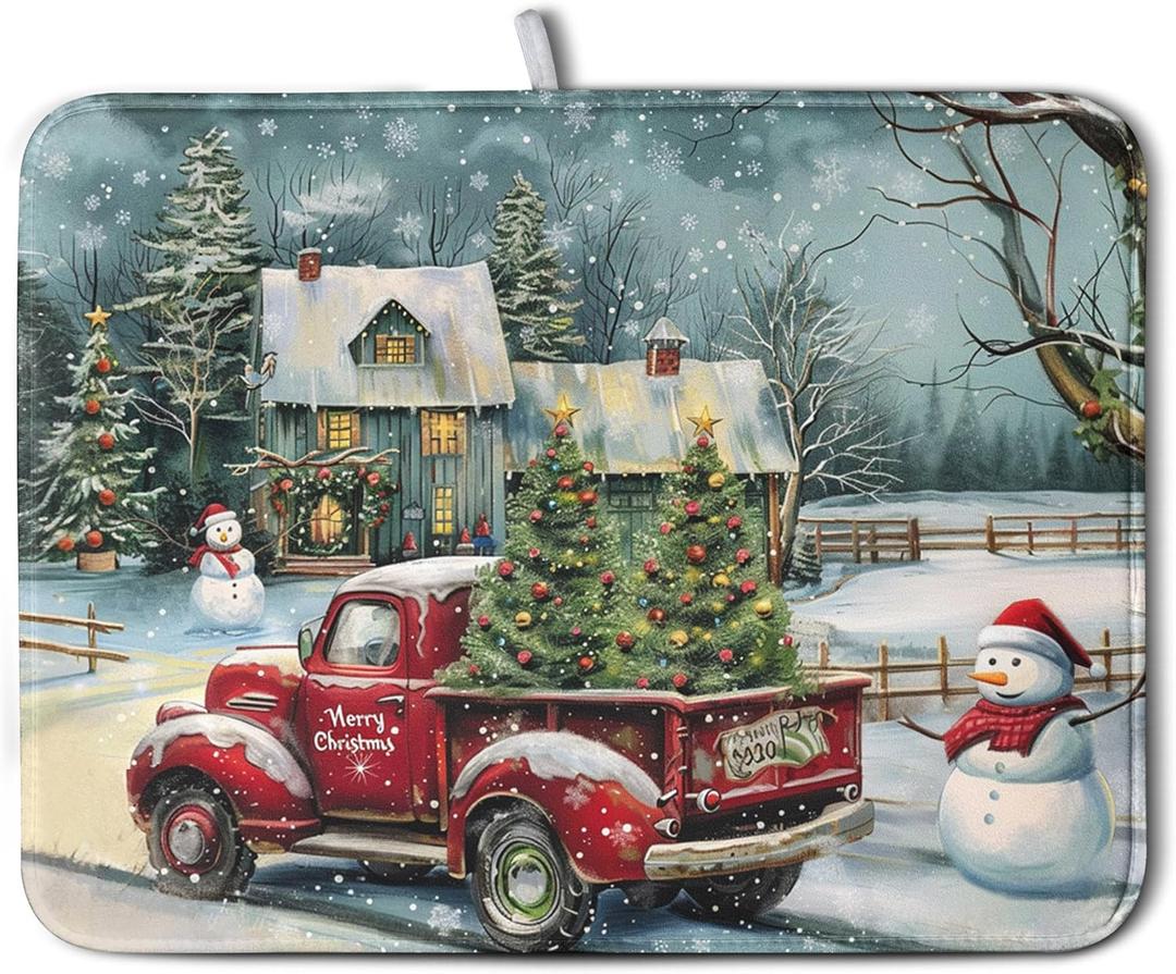 Christmas Red Truck Xmas Tree Snowman Dish Drying Mat for Kitchen Counter 18x24 Inch Winter Snowflake Vintage Absorbent Dish Pad Farmhouse Microfiber Dish Drainer Mats Christmas Kitchen Accessories