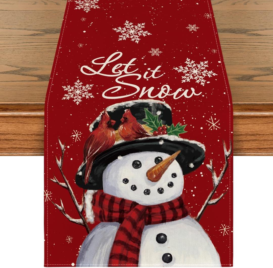 Artoid Mode Red Snowman Let It Snow Winter Table Runner, Seasonal Christmas Kitchen Dining Table Decoration for Home Party Indoor 13x120 Inch