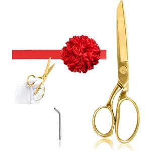 Grand Opening Ribbon-Cutting Ceremony Kit Includes Gold Scissors, Flower Ball, Red Ribbon & White Gloves,Suitable for all ribbon-cutting and inauguration ceremonies (Mirror Polished Handle)