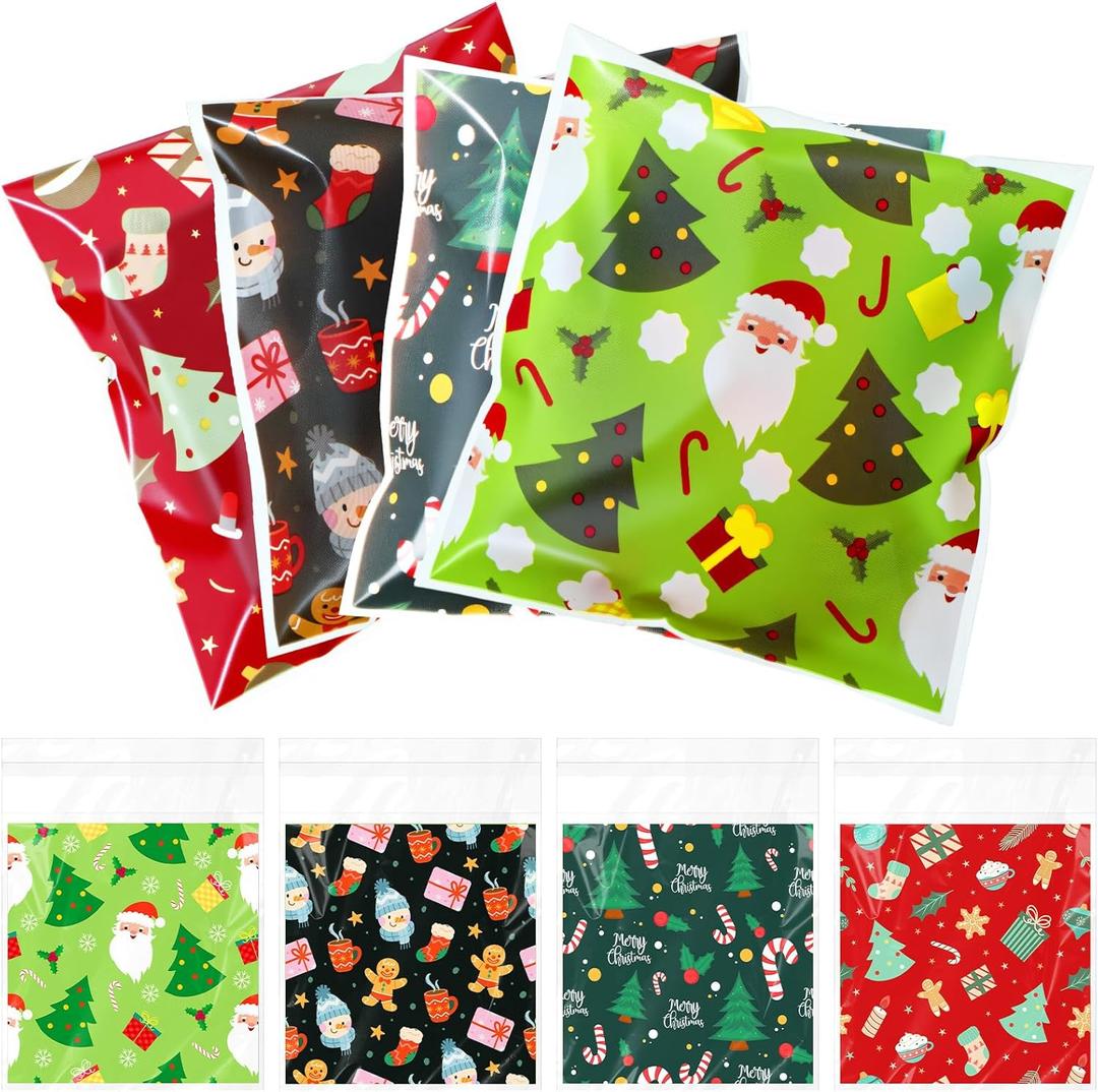 Gersoniel 300 Pcs Christmas Cookie Treat Bags 5.9 x 5.9 Inch Xmas Red Green Self-adhesive Cellophane Candy Goodie Bags for Christmas Party Favors DIY Supplies