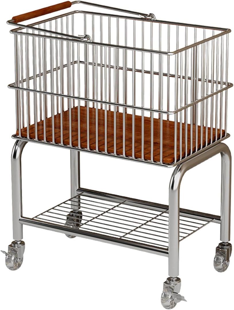 Laundry Basket with Wheels, Moveable Laundry Cart, 2-Tier Stainless Steel Rolling Cart with Storage Rack, Storage Organizer for Laundry Room, Bedroom, Kitchen (Silver+Crystal Wheels)