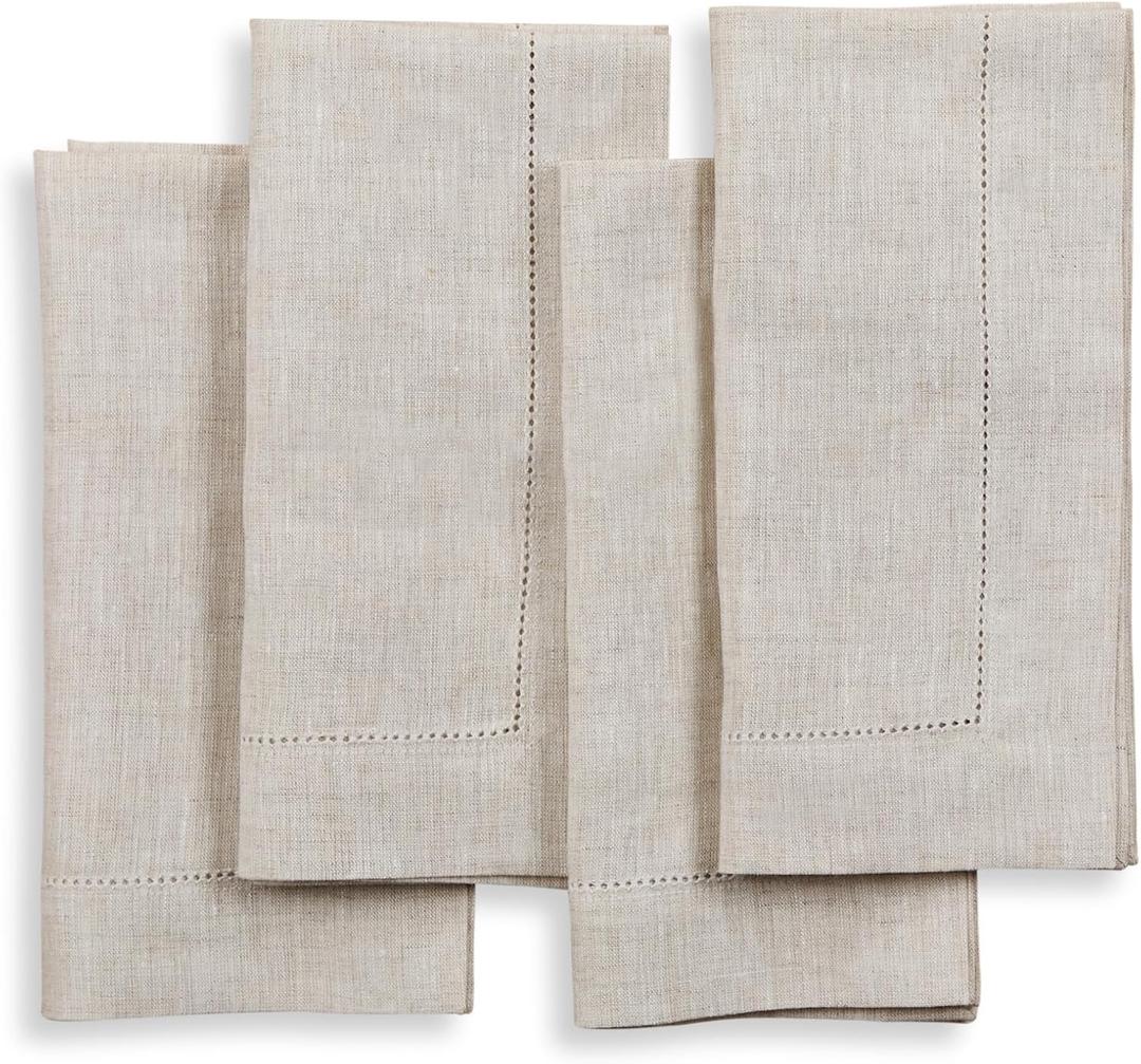 Solino Home Light Natural Linen Napkins Set of 4-100% Pure Linen Hemstitch Dinner Napkins 20 x 20 Inch for Christmas, Holiday, New Year - Classic Hemstitch