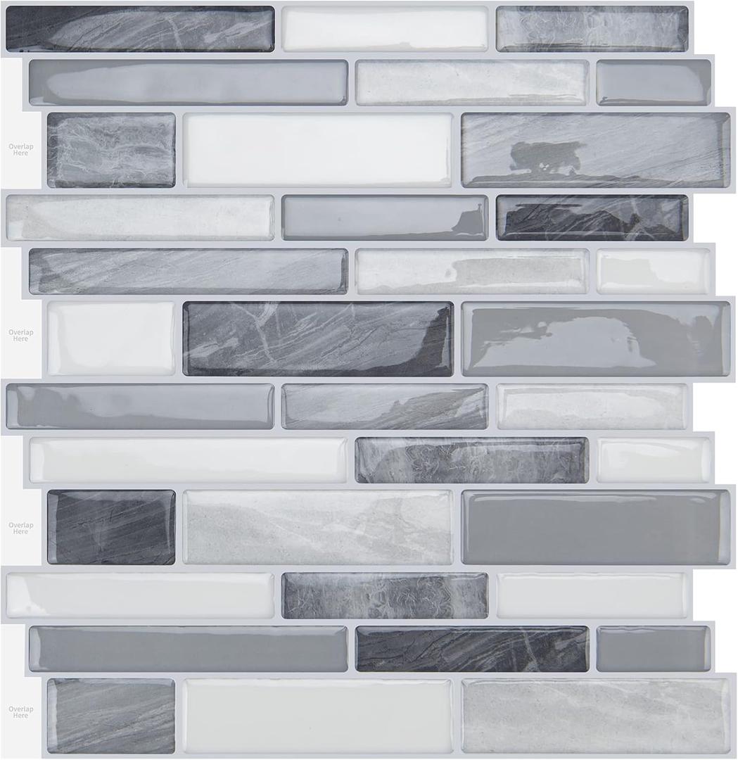 WOWSTAR 10-Sheet Peel and Stick Backsplash Tile for Kitchen Wall, Back Splash Stick On Tiles for Kitchen (12"x 12", Gray)