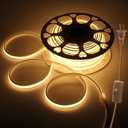 AC 110V LED COB Light Strip 65.6FT Warm White CRI 85+ Outdoor Waterproof Plug in with Switch Flexible Cuttable COB LED Rope Lights 3000K High Density 288Leds/M for Kitchen Cabinet Garden Home Decor
