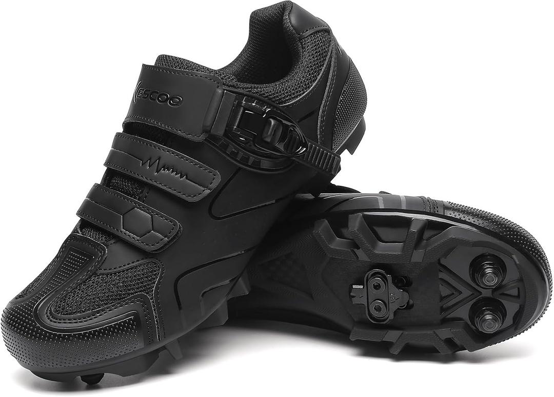 KESCOO Mens Mountain Bike Shoes with 2-Bolts SPD Cleats Included, Cycling Shoes with Quick Ratchet Buckle Indoor Outdoor Riding Biking (10, Black)