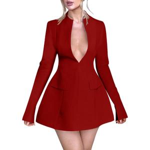 YMDUCH Women's Sexy Long Sleeve Deep V Neck A-Line Mini Party Cocktail Dress (Medium, Red)